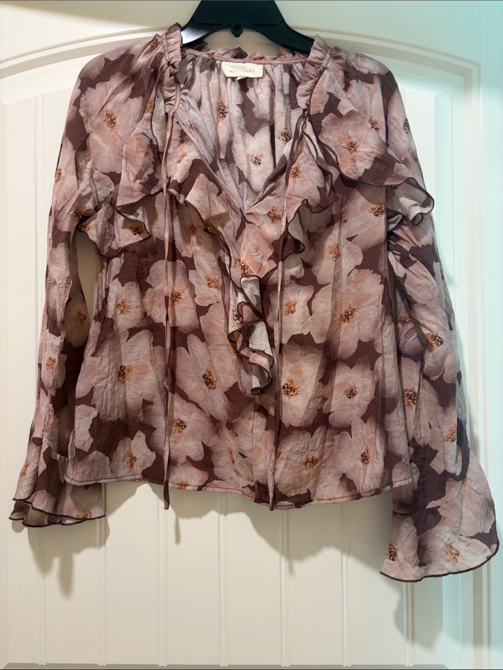 MELLODAY Mauve Floral Ruffle Tie-Neck Blouse